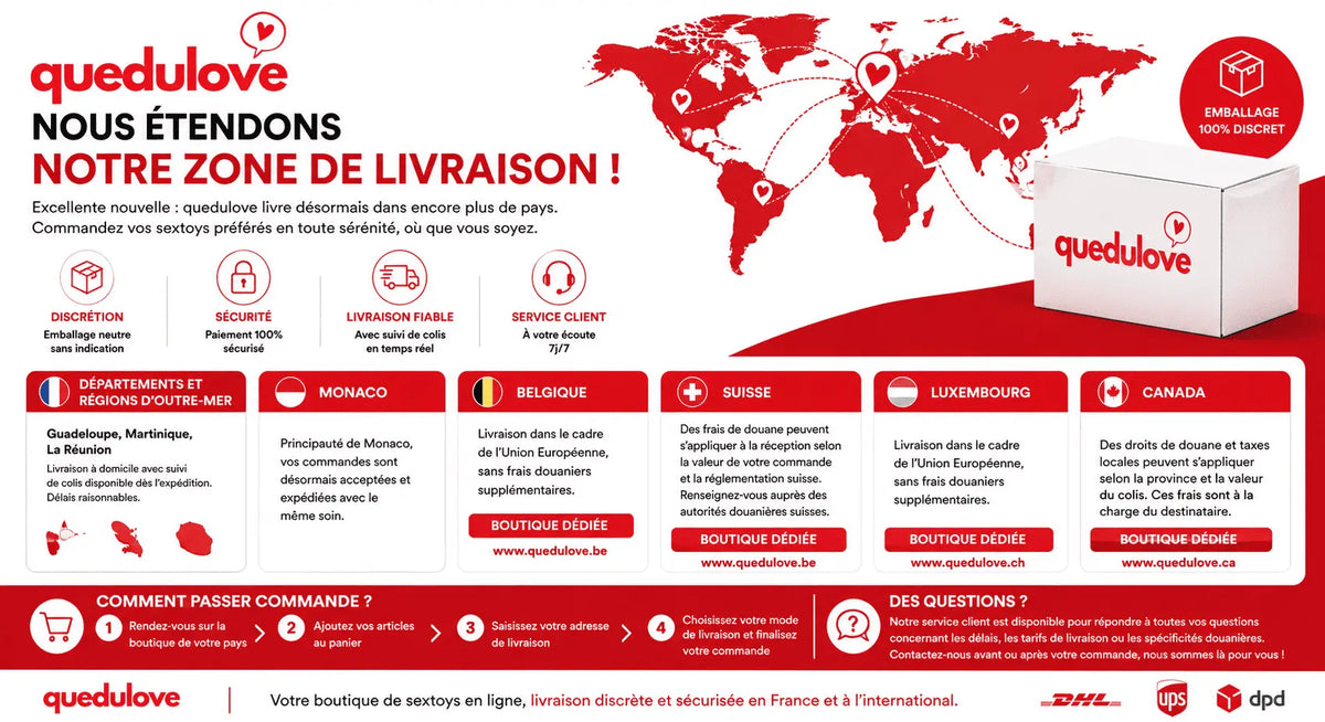 quedulove livre désormais en Belgique, Suisse, Canada, Monaco et dans les DOM-TOM 🌍