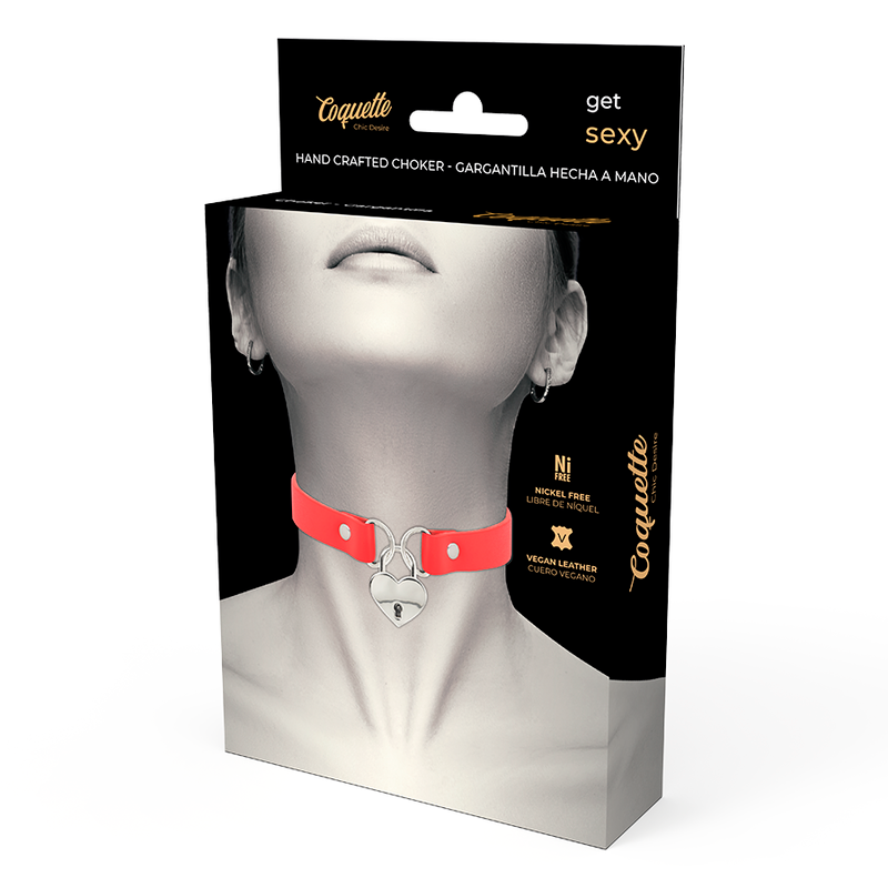 Collier Fétiche Cuir Végan Rouge Cœur et Clé - Coquette