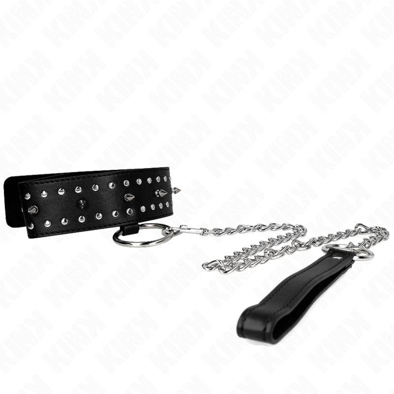 Collier avec Laisse BDSM Cuir Clous Argentés 65cm - KINK - KINK COLLAR & GAG