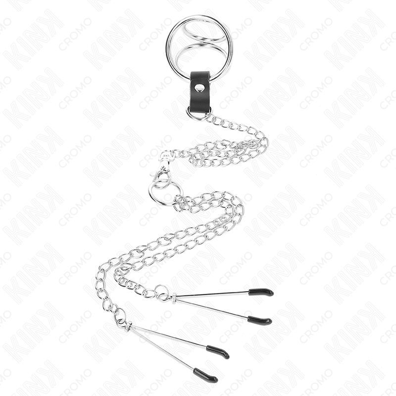 Anneau Pénien Métal Triple Chrome avec Pinces Tétons - KINK - KINK RING POWER