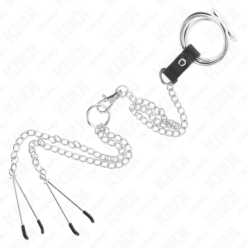 Anneau Pénien Métal Triple Chrome avec Pinces Tétons - KINK - KINK RING POWER