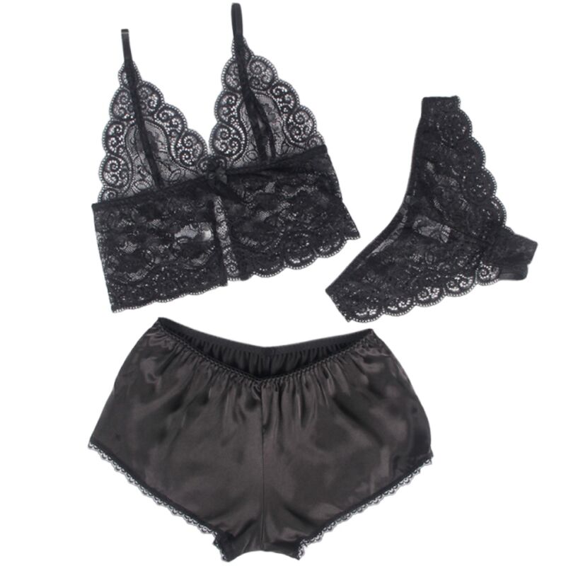 Chemisier de nuit en soie et dentelle + culotte noire L/XL - Subblime - SUBBLIME SETS