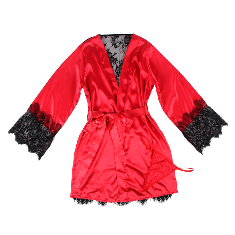 Caraco dos transparent en dentelle et string rouge/noir S/M - Subblime