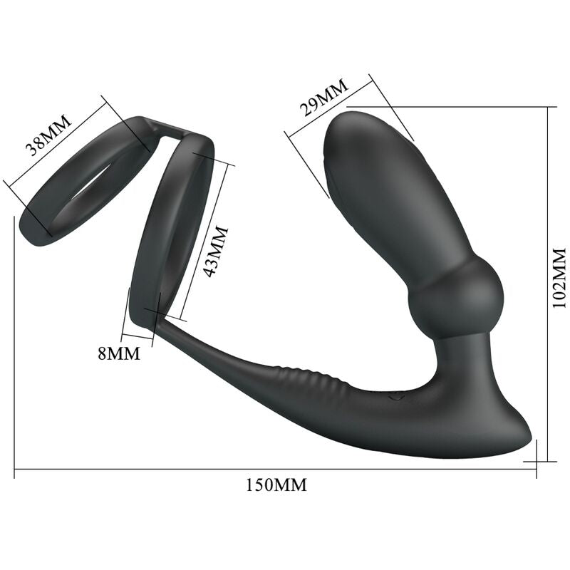 Anneau Pénien Emoni avec Plug Anal 12 Vibrations Noir - Pretty Love