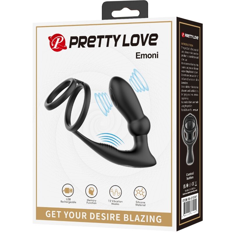 Anneau Pénien Emoni avec Plug Anal 12 Vibrations Noir - Pretty Love