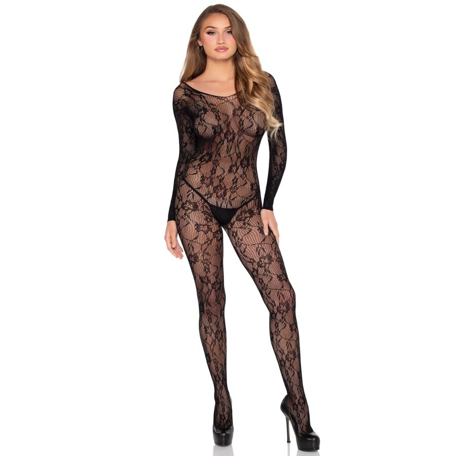 Bodystocking Dentelle Florale Noir Taille Unique - Leg Avenue
