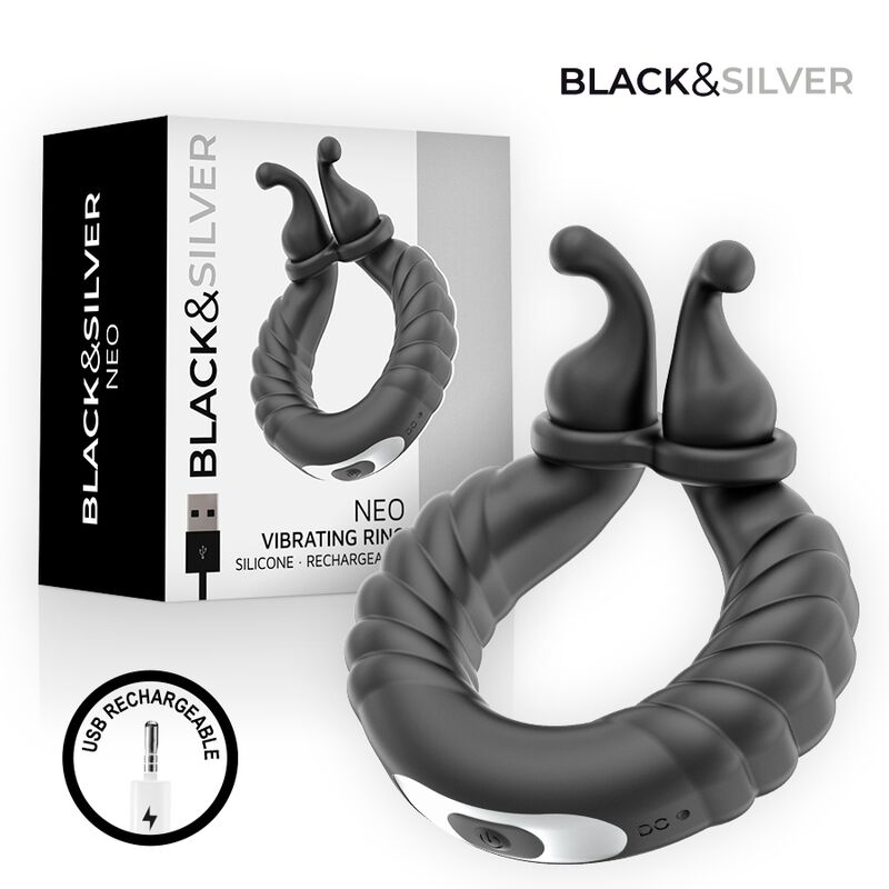 Anneau Vibrant Rechargeable Neo Couples Silicone Noir - Black & Silver