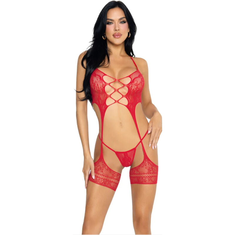 LEG AVENUE - ENSEMBLE CARACO COURT À PORTE-JARRETELLES ET STRING ROUGE ONE SIZE