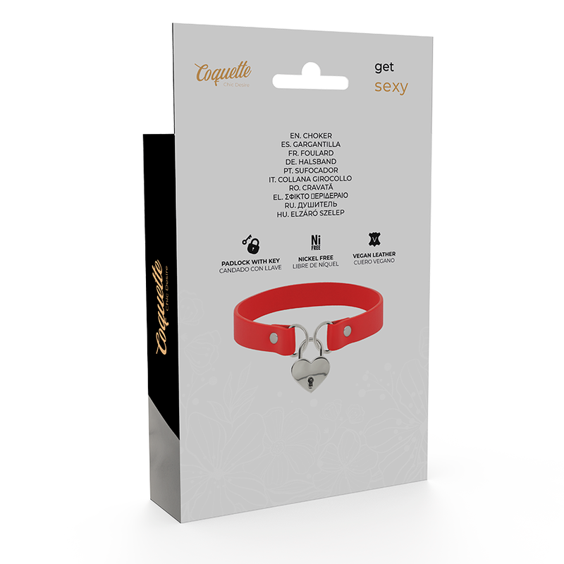Collier Fétiche Cuir Végan Rouge Cœur et Clé - Coquette