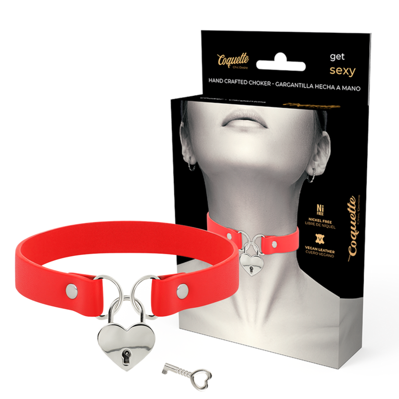 Collier Fétiche Cuir Végan Rouge Cœur et Clé - Coquette