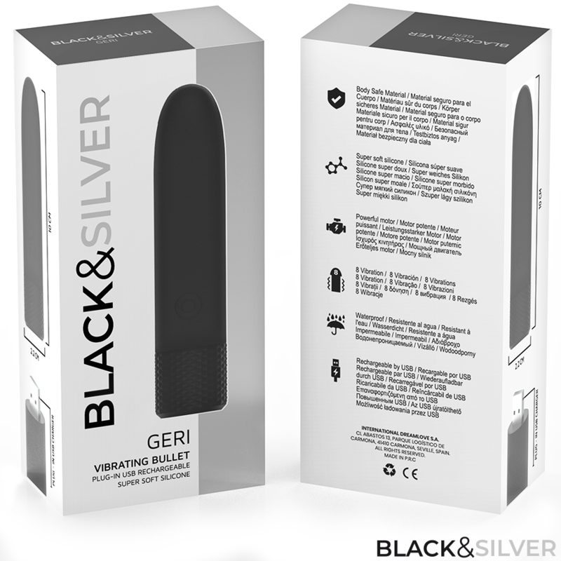 Bullet Vibrant Geri Rechargeable USB 8 Vibrations Noir - Black & Silver