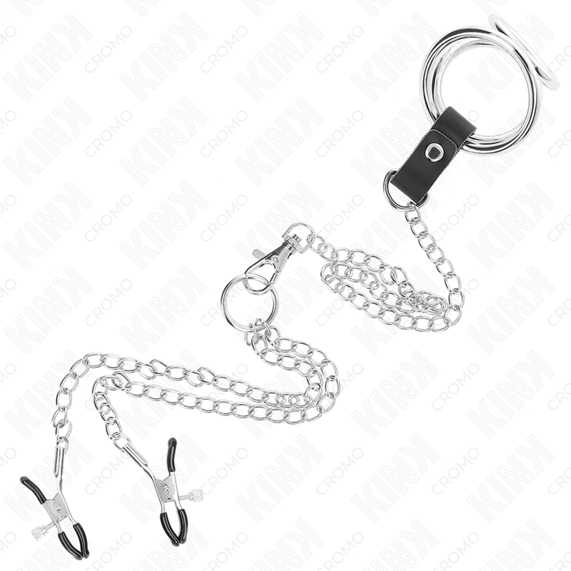 Anneau Pénien Triple Chrome avec Pinces Tétons 26cm - KINK - KINK RING POWER