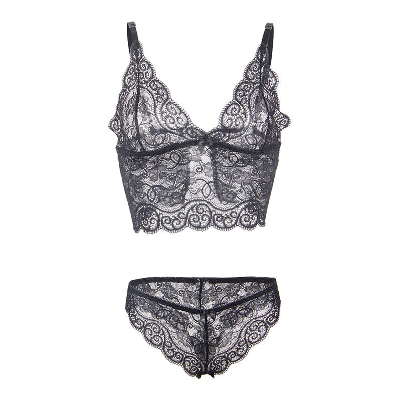 Chemisier de nuit en soie et dentelle avec culotte noir S/M - Subblime