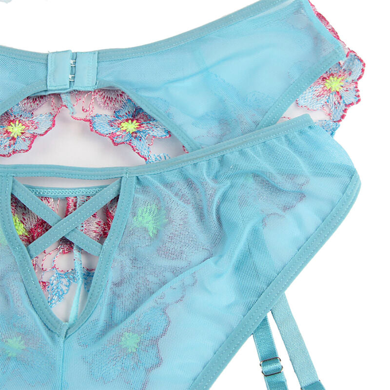 Ensemble lingerie floral bleu soutien-gorge, culotte et porte-jarretelles L/XL - Subblime - SUBBLIME SETS