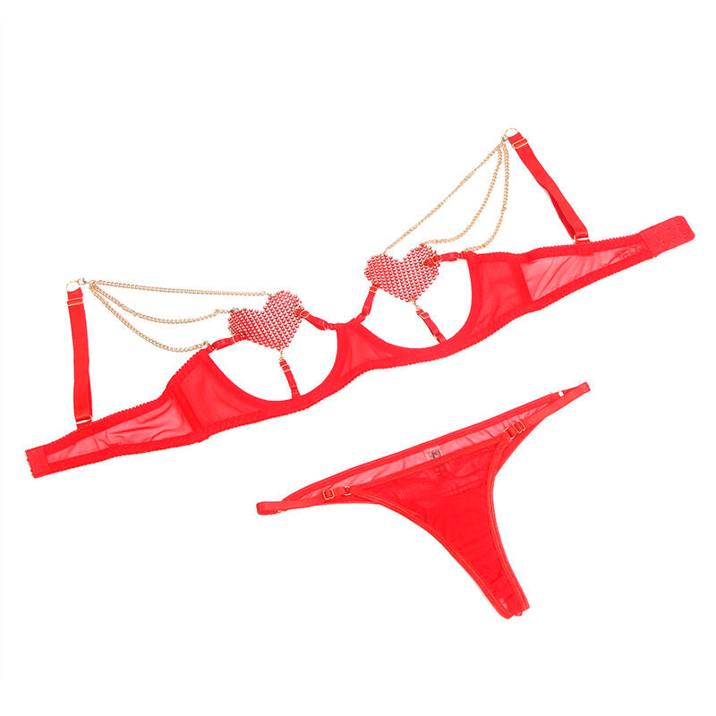 Ensemble soutien-gorge en maille rouge avec chaînes et cœur S/M - Subblime - SUBBLIME SETS