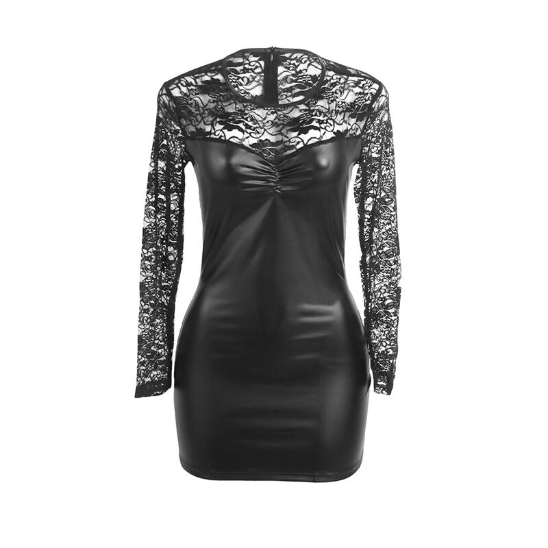 Robe à manches longues dentelle et cuir synthétique noire S/M - Subblime - SUBBLIME DRESSES