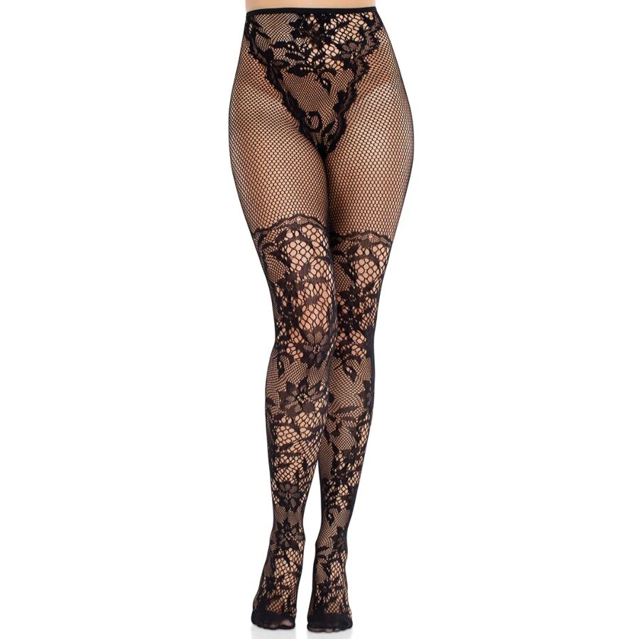 Bas Dentelle Dahlia Motif Résille Cuisse Noir - Leg Avenue