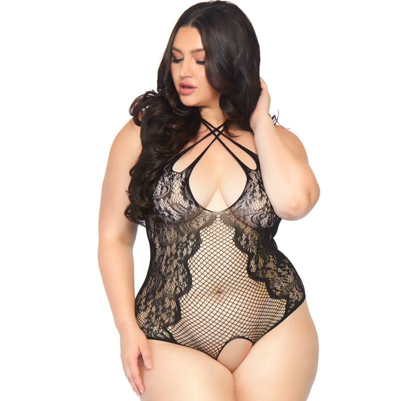 Teddy Ouvert Sans Entrejambe Filet Dentelle Noir 1X-2X - Leg Avenue