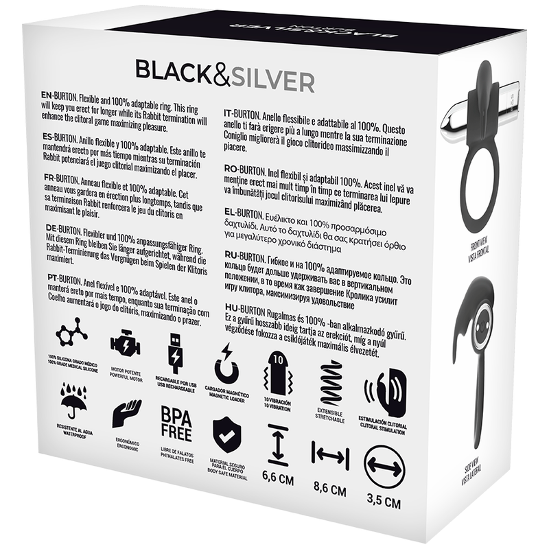 Anneau Vibrant Rechargeable Burton 10 Modes - Black & Silver - Black&Silver